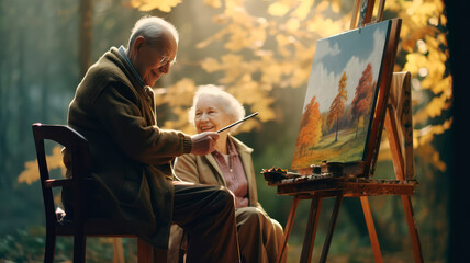 elderly couple doing painting relaxing in nature generated by ai