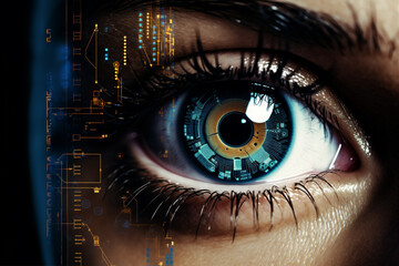 Futuristic woman eye display cyberspace concept science background technology human person vision system digital - obrazy, fototapety, plakaty