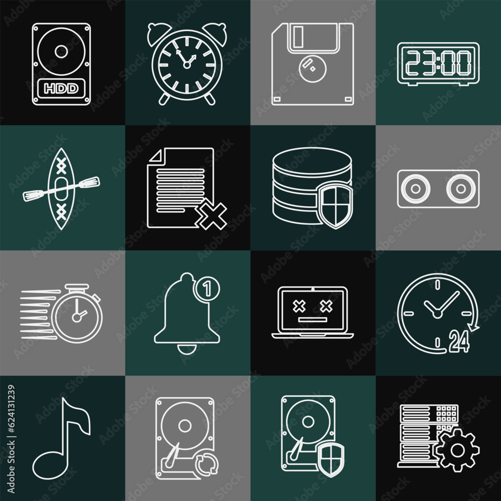 Poster set line server setting, clock 24 hours, stereo speaker, floppy disk, delete file document, kayak an