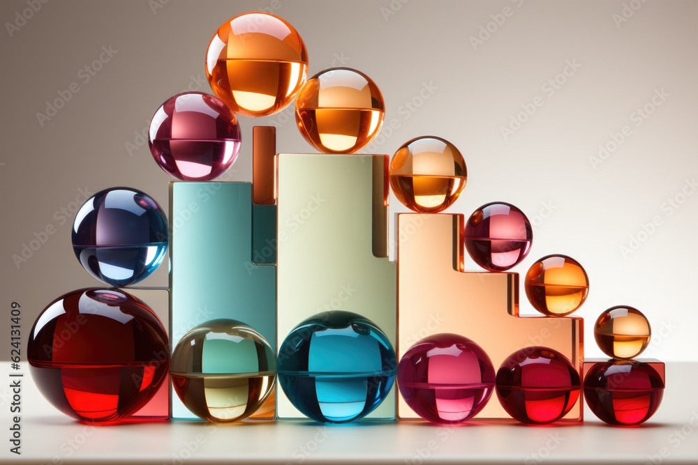 Poster a group of colorful vases sitting on top of a table. generative ai.