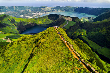 Aerial shot volcanic crater lake Sete Cidades in Azores Island - obrazy, fototapety, plakaty