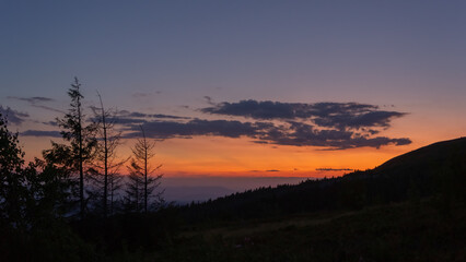 Mountain landscape in the evening, forest at sunset. Picturesque, calm view, serene mood of a summer evening