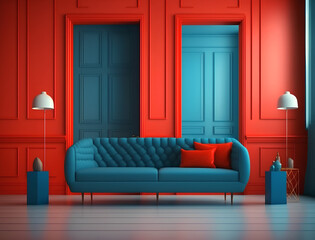 the interior of the living room with a blue sofa bright red wall, AI Generation