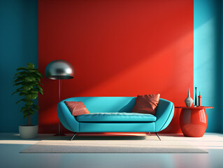 the interior of the living room with a blue sofa bright red wall, AI Generation