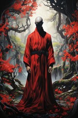 Fototapeta premium A man in a red robe standing in a forest. Generative AI.