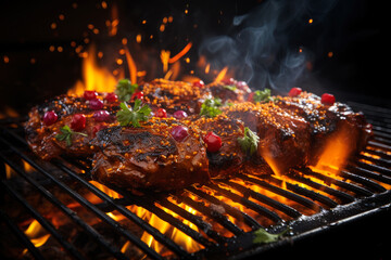Grilled beef steak with vegetables, barbecue with fire and smoke, AI Generated