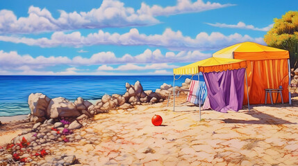 Orange beach umbrella on sandy seashore. Generative Ai