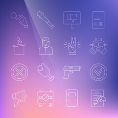 Set line Petition, Check mark in round, Gas mask, Protest, Censor and freedom of speech, Stage stand tribune, Hooligan shooting stones and Hand showing two finger icon. Vector