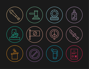 Set line Poll document, Military knife, Lying burning tires, Protest, Burning car, Baseball bat with nails, Peace and Judge gavel icon. Vector