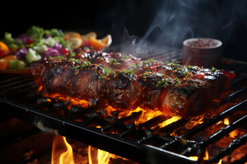 Grilled beef steak with vegetables, barbecue with fire and smoke, AI Generated