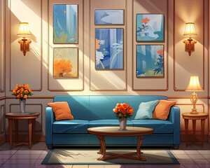 The living room has a blue couch, orange pillows, and a blue chair. (Generative AI)