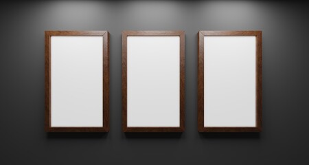 Three wooden rectangle frames isolated on black background. 3D render. 3D illustration.