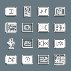 Set line Music player, or video settings, Sound mixer controller, note, tone, Play button, Vinyl with vinyl disk, Stop media and Fast forward icon. Vector