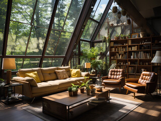 Fototapeta premium cozy interior of a country house with a view of the forest, AI Generation
