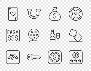 Set line Casino slot machine, Online poker table game, Money bag, Old key, Playing card with heart, Lottery, Coin money dollar and Game dice icon. Vector