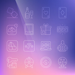Set line Lottery machine, Winner holding prize ticket, Slot with jackpot, Playing card heart, Lucky wheel, Game dice and Gift box icon. Vector