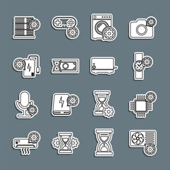 Set line Air conditioner setting, Processor, Wrist watch, Washer, Fast payments, Power bank, Server and Toaster icon. Vector