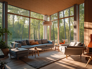Fototapeta premium cozy interior of a country house with a view of the forest, AI Generation