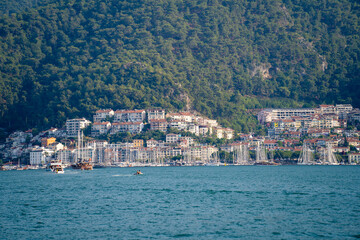 View of Fethiye harbor from Fethiye Bay. Mugla, Turkey - July 10, 2023.