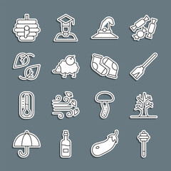 Set line Honey dipper stick, Bare tree, Handle broom, Witch hat, Hedgehog, Leaf, Hive for bees and Socks icon. Vector