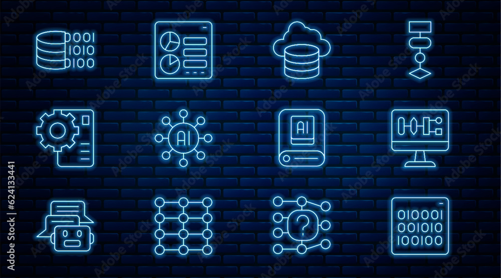 Poster set line binary code, algorithm, cloud database, neural network, artificial intelligence ai and comp
