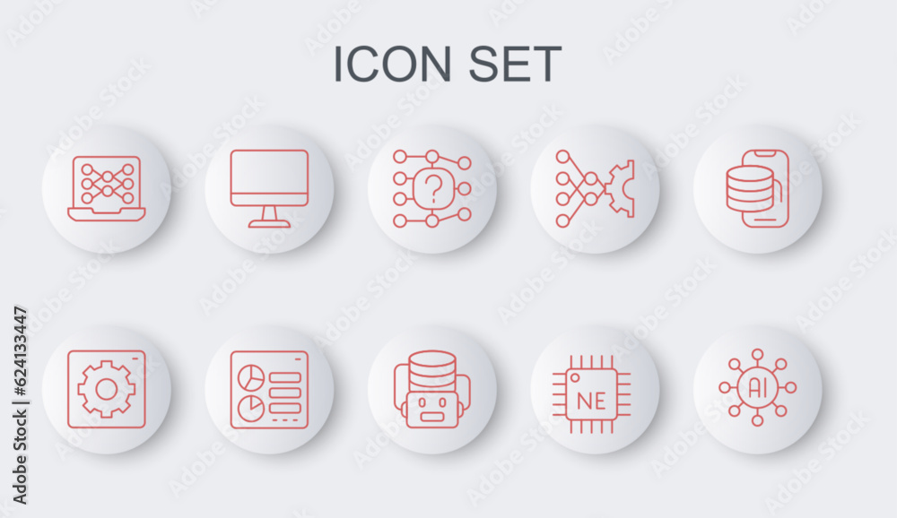 Poster Set line Neural network, Computer api interface, Processor CPU, monitor, and Artificial intelligence robot icon. Vector