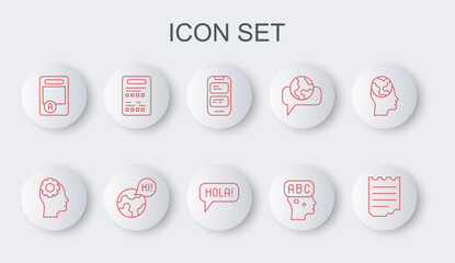 Set line Notebook, Head with gear inside, Online translator, Learning foreign languages, Exam sheet A plus grade, and Hola different icon. Vector © vector_v