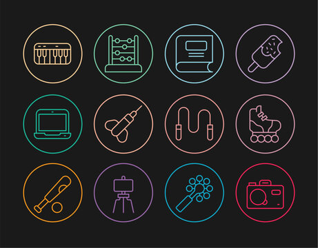 Set line Photo camera, Roller skate, Book, Dart arrow, Laptop, Music synthesizer, Jump rope and Abacus icon. Vector