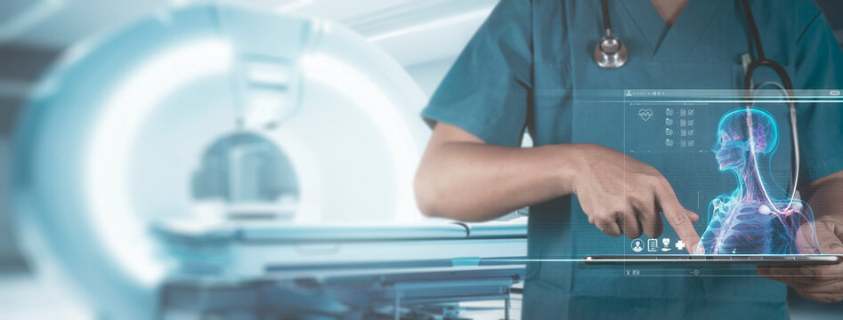 Doctor using digital tablet and Ai examine MRI virtual image x-ray picture. Medical healthcare equipment.