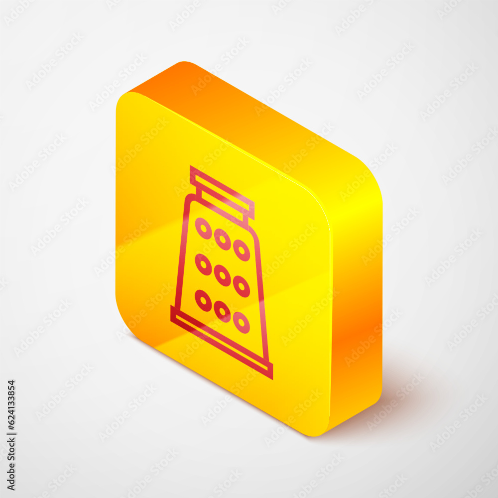 Sticker Isometric line Grater icon isolated on grey background. Kitchen symbol. Cooking utensil. Cutlery sign. Yellow square button. Vector Illustration