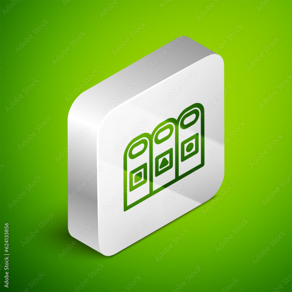 Poster isometric line trash in garbage cans with sorted garbage icon isolated on green background. recycle 