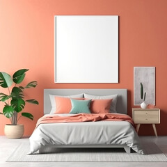 Bedroom mockup with white blank picture frame. Interior of a bedroom, bedside table and pink comforter, grey quilt pink & green pillows, green plant. pink wall background.
