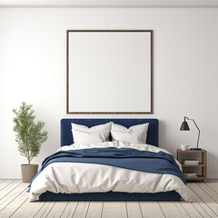 Bedroom mockup. White blank canvas wood picture frames . Interior of a bedroom, bedside table potplant green. table light blue comforter white quilt, white pillows, white wall colour. 