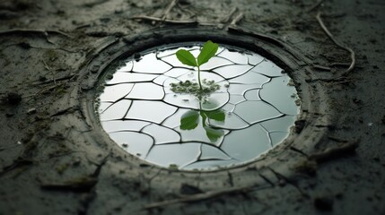 Resilience concept. A seedling sprouting in a circular puddle. Generated with the use of an AI.