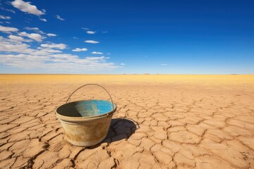 Fototapeta na wymiar Drought and diminishing water supply concept. An empty bucket in the middle of a dry wasterland with cracked earth. Generated with the use of an AI.