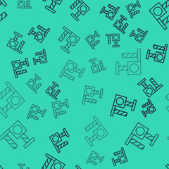 Black line Cat scratching post with toy icon isolated seamless pattern on green background. Vector