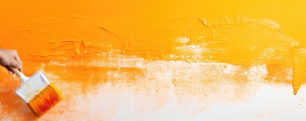 Male hand painting wall with paint roller with orange color, panorama. Generative Ai.