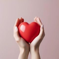 Fototapeta premium Woman hands holding red heart, Happiness moment, Health care, donate and family insurance concept, World heart day, world health day, Hope, Gratitude, Kindness, Valentine's Day. Generative AI.
