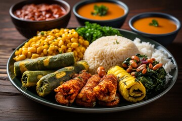 Fototapeta premium A Colorful Plate of Acarajé: A Taste of Brazilian Street Food Created with Generative AI