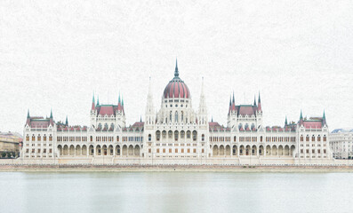 Fototapeta premium Color painting of he Hungarian Parliament Building in Budapest, Hungary, on the Danube river. With pure white background