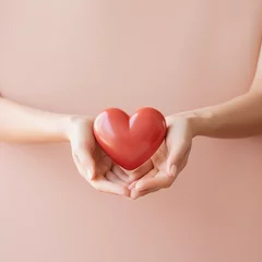 Poster Woman hands holding red heart, Happiness moment, Health care, donate and family insurance concept, World heart day, world health day, Hope, Gratitude, Kindness, Valentine's Day. Generative AI. © Sunshinemeee