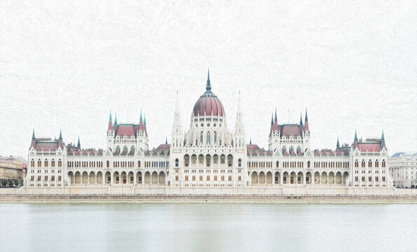 Color painting of he Hungarian Parliament Building in Budapest, Hungary, on the Danube river. With pure white background