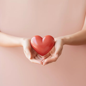 Woman hands holding red heart, Happiness moment, Health care, donate and family insurance concept, World heart day, world health day, Hope, Gratitude, Kindness, Valentine's Day. Generative AI.