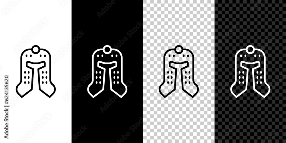 Sticker set line medieval iron helmet for head protection icon isolated on black and white, transparent back