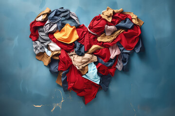 Pile of clothes laid out in shape of heart, a symbol of love. Creative concept of recycling old clothes, reuse and environmental friendliness, reasonable consumption. Generative AI photo imitation.