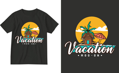 Vacation mood on.Exotic retro vintage style summer holiday travel clothing t shirt vector graphics design illustration.slogan tees.tropical hawaii surfing palms palm tree surfer sport surfboard trees 
