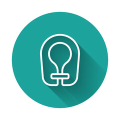 White line Life jacket icon isolated with long shadow background. Life vest icon. Extreme sport. Sport equipment. Green circle button. Vector