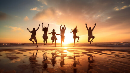silhouette of people jumping on the beach