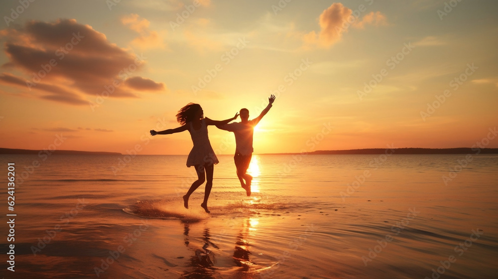 Sticker silhouette of a woman jumping on the beach