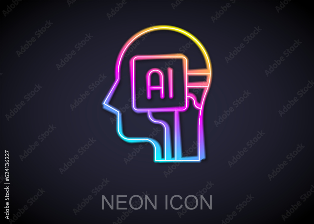 Poster glowing neon line humanoid robot icon isolated on black background. artificial intelligence, machine